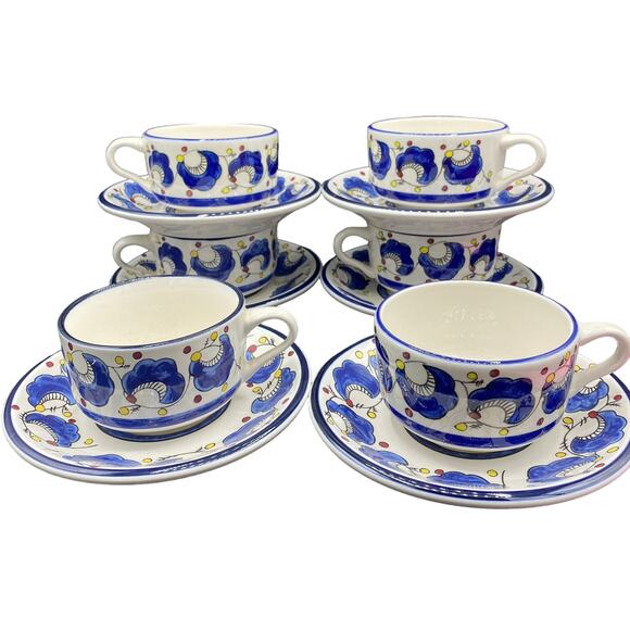 Set of 6 Vtg Buffalo China Large Cup & Saucer Restaurant Ware Blue Plumes Dots - Picture 1 of 6